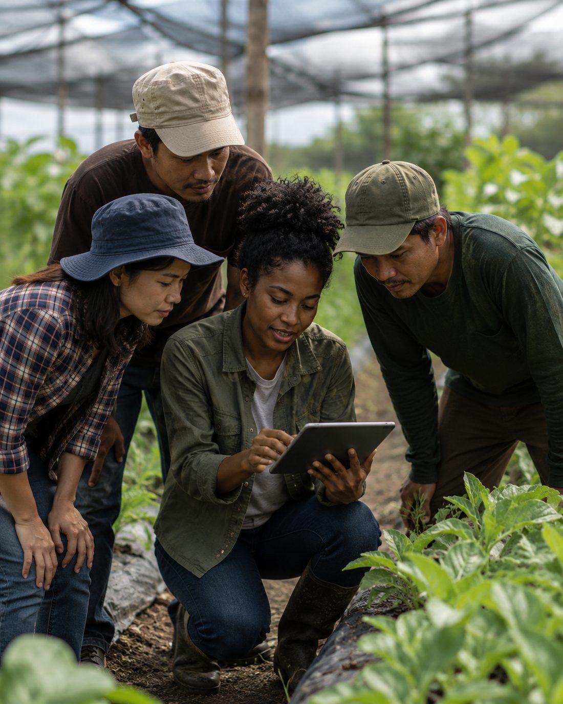 Agri-food growers reviewing AI data on a tablet in the field